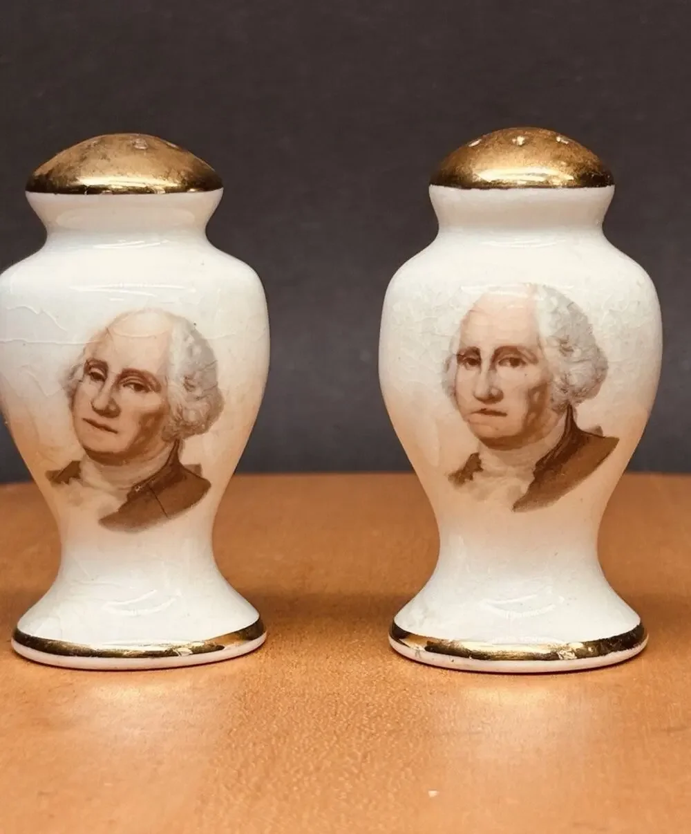 Vintage George Washington Portrait Salt & Pepper Shakers Gold Trim Ceramic